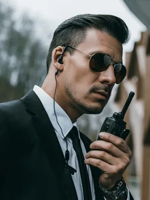 Operatore con auricolare e radiotrasmittente